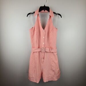 Maeve Anthropologie Red White Stripe Seersucker Halter Romper Belted‎ Size L